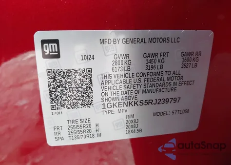 2024 GMC Acadia Fwd Elevation from USA, damaged, VIN 1GKENKKS5RJ239797